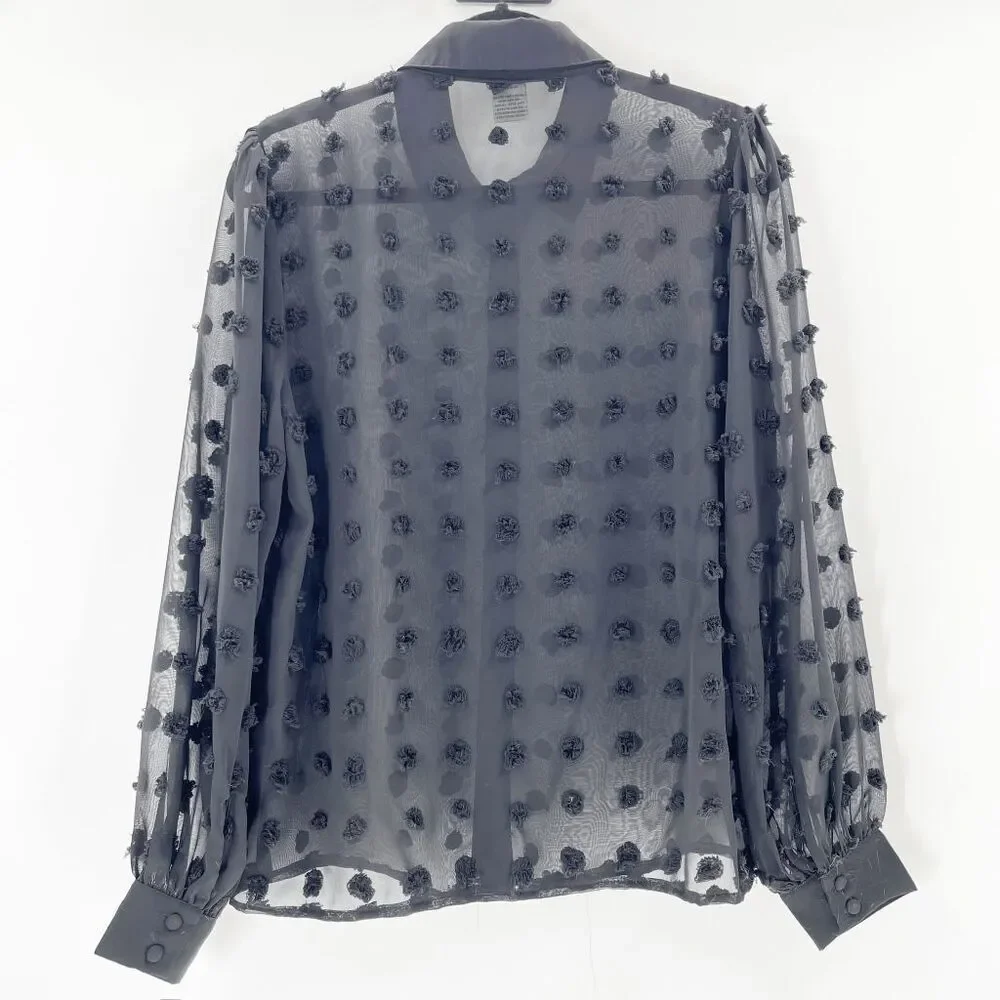 Anthropologie Flying Tomato Sheer Pom Pom Button Down Shirt Womens Size S Black - Picture 2 of 3